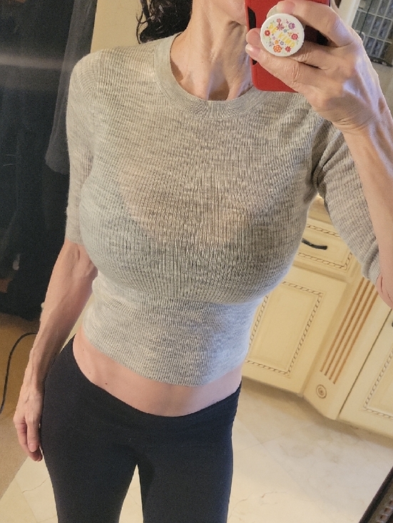 Vince Tops - Vince 1/2-Sleeve Knit Lightweight Semi-sheer Gray Heathered Top, XS